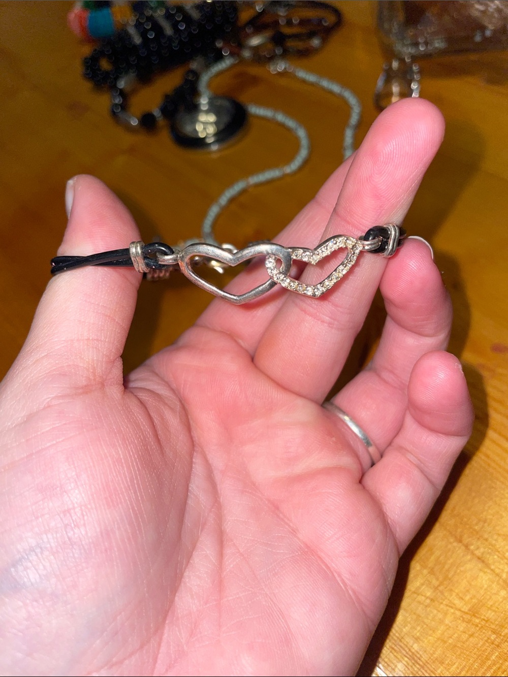 Double Heart Cord Bracelet in Silver and Black